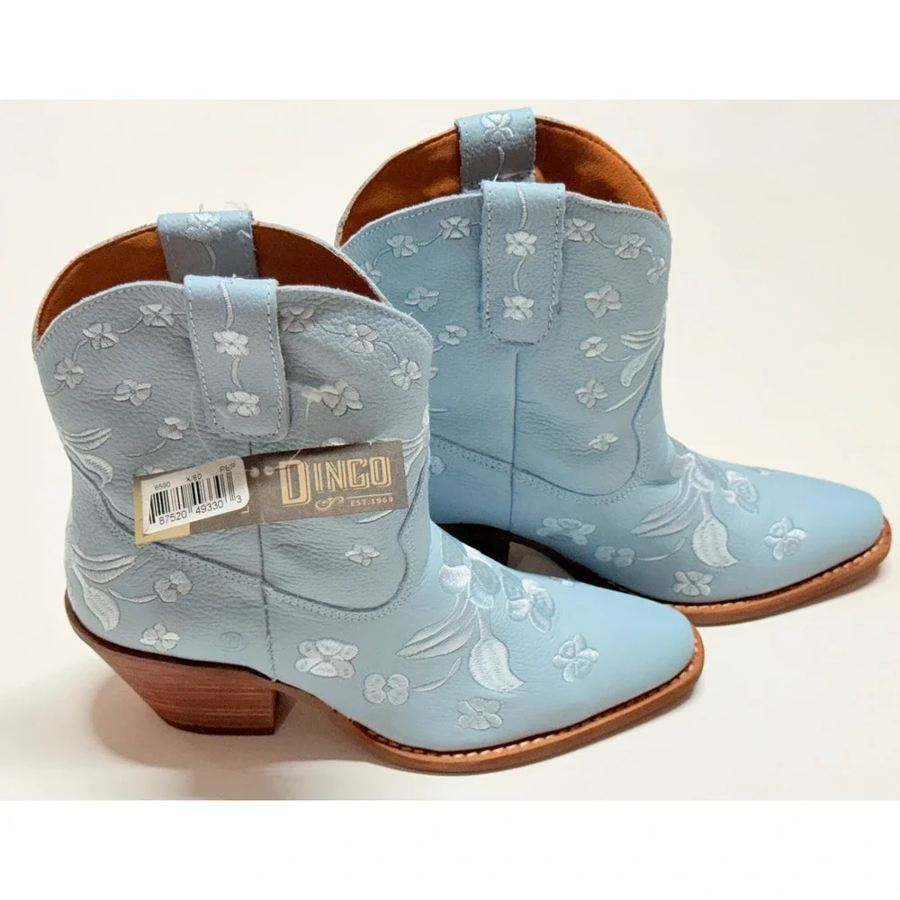 Dingo Bluebell Light Blue Floral Embroidered Leather Western Boots DI2183 7.5M